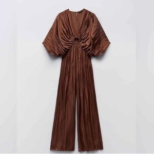 NWT Zara Satin Crinkle Brown Jumpsuit